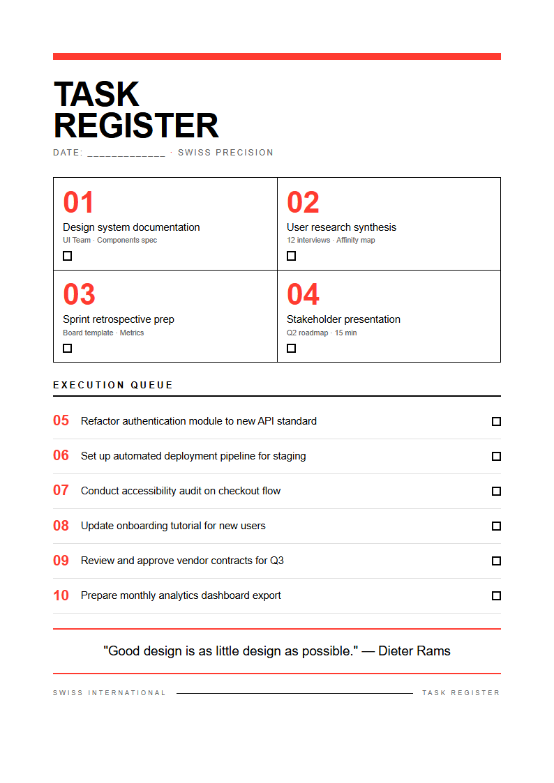 Swiss international to do list with grid precision
